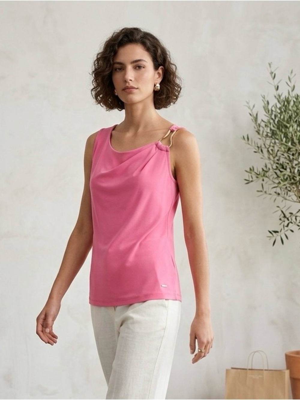 Nine West Pink Drape-Neck Tank with Gold Ring Detail